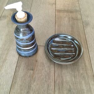 Soap Dispenser Set  + Dish Pottery Native Signed Bathroom Blue Homestead